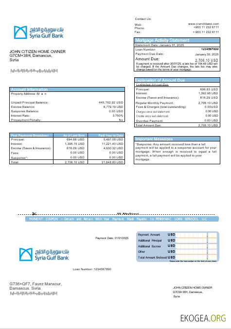 Relevé hypothécaire de la Banque du Golfe syrien aux formats Word et PDF